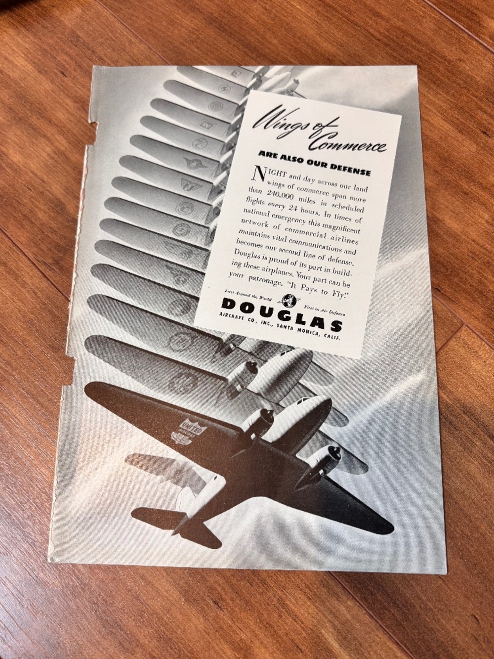 Vintage 1940 Douglas Wings of Commerce Are Also Out Defense Ad Advertisment